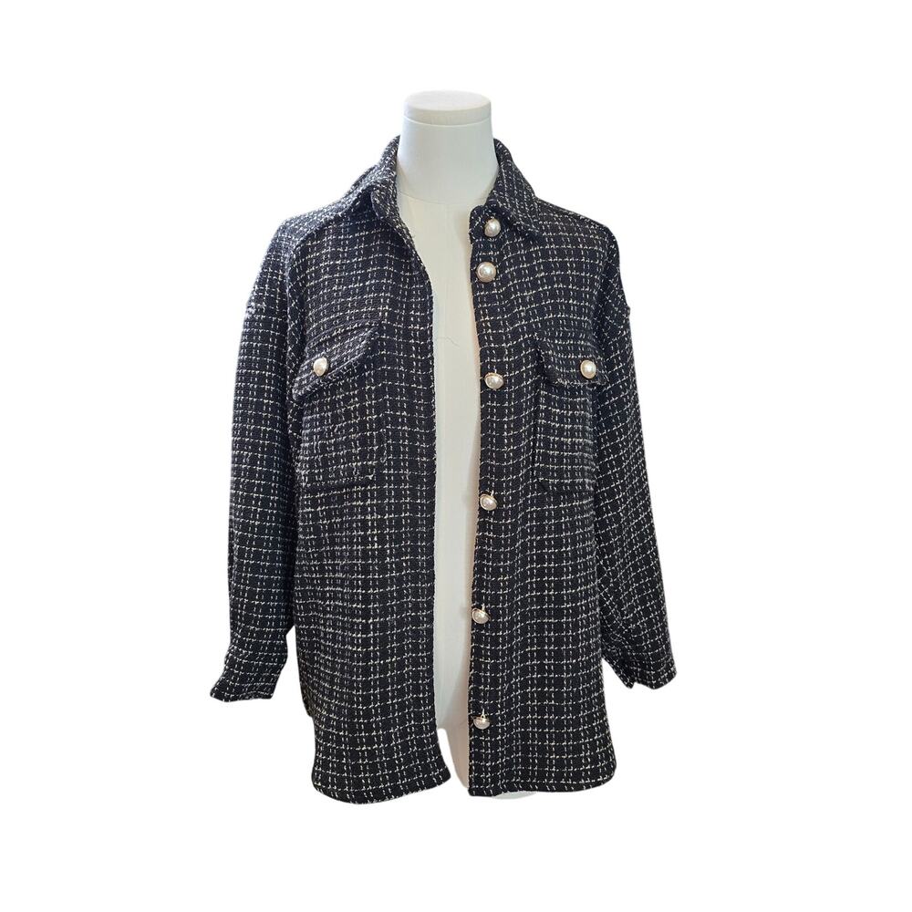 PRE-LOVED  Women's Black Tweed Pearl Shacket  Oversized Shirt Sz. Small